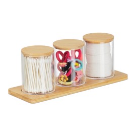 Relaxdays Cotton Bud Container with Tray, 3 Cups with Lid, Cosmetic Organiser, Plastic/Bamboo, Transparent/Natural