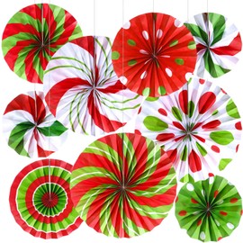 Outus Christmas Hanging Decorations Candy Paper Fans Peppermint Hanging Paper Fans Candy Cane Ceiling Wall Decor for Christmas Party Classroom Birthday Party(9 Pcs,Red and Green)