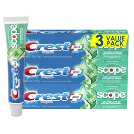 Crest Crest + Scope Whitening Toothpaste - Pack of 3, 5.4 Oz Tubes - Anticavity Fluoride Toothpaste, Fresh Breath, Kills Germs - Tartar Protection, Enamel Protection - Minty Fresh Flavor