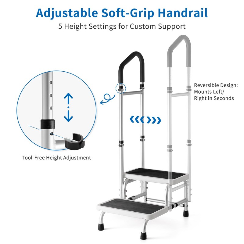 NORTTA 2-Step Stool with Adjustable Handrail for Adults - Lightweight