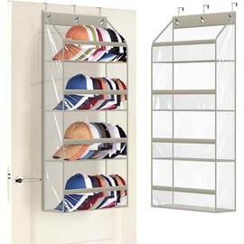 Clear Over The Door Hat Racks for Baseball Caps, Large Holds up to 72 Caps Hat Storage Organizer for Closet Wall, Deep Pockets Hanging Hat Holder with 3 Hooks, Black Hangable - Color: Grey, Size: 53.5"
