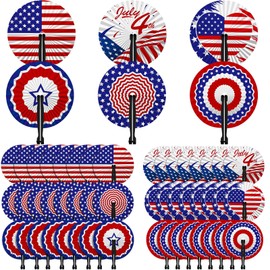 Roowest 60 Pack July 4th Patriotic Fan Bulk American Flag Folding Handheld Fans Paper Round Fans for Independence Day Veterans Memorial Day Gifts Party Favors