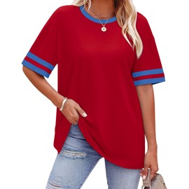 WIHOLL Short Sleeve Shirts for Women Oversized Tops Crew Neck Basic Daily Tee Fit Festival Red L