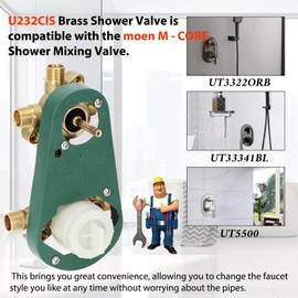U232CIS Brass Shower Diverter Valve Compatible with moen M-CORE with CC/IPS Connections and Stops, 2-Way Only, Heavy-Duty Construction for Tub/Shower Flow Control, Not for 3-Way or Multi-Valve Systems