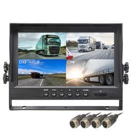 Yasoca 9" TFT LCD Car Rearview Quad Split Monitor,Remote Control, 4 Channels 4-PIN Connector Video Inputs Shockproof - 12V-24V 800480HD Screen w/Sunshade Anti-Glare