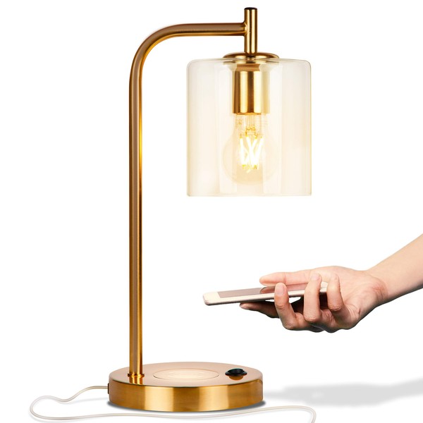 Brightech Elizabeth Table Lamp with Wireless Charging Pad and USB Port, Bedside Reading Lamp, Vintage Brass Gold Desk Lamp, Nightstand Lamp with LED Bulb for Bedroom, Living Room, Office