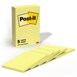 Post-it Notes, 4 in x 6 in, 5 Lined Sticky Notes Pads, 100 Sheets per Pad, Canary Yellow, The Original Post-it Note, School Supplies and Oﬃce Products