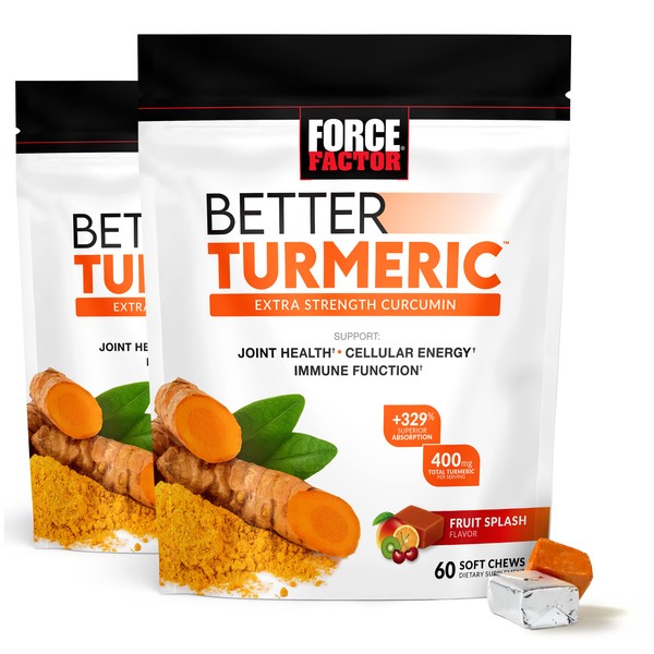 Force Factor Better Turmeric Joint Support Supplement for Extra Strength Joint Health, Featuring HydroCurc Turmeric Curcumin with Black Pepper for Superior Absorption, Fruit Splash, 120 Soft Chews