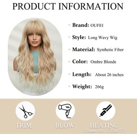 OUFEI Long Blonde Wig With Bangs Natural Wavy Wigs for Women Natural Synthetic Hair Heat Resistant Wigs for Daily Party Cosplay Wear