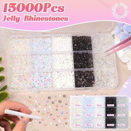 15000Pcs Black White Resin Jelly Rhinestones for Bedazzling, Mixed Size 3/4/5 mm Flatback Gems for Crafting, White Jelly Rhinestones Bedazzler Kit for Crafts Clothing Shoes Nail Art Makeup
