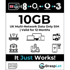 UK Multi-Network Data SIM Card | Automatically Selects the Strongest Network: EE, Three, O2, or Vodafone (10GB - 12 Months)