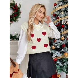 wihnsinop Womens Valentines Red Heart Sweater Vest White V Neck Sleeveless 2025 Ribbed Knit Casual Loose Pullover Tank Tops