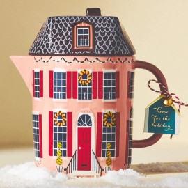 Anthropologie NWT ANTHROPOLOGIE Christmas Chalet Teapot Holiday House Pink Red