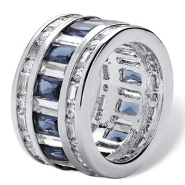 PalmBeach Silvertone Baguette Cubic Zirconia and Emerald Cut Simulated Blue Sapphire Ring Sizes 7-12 Size 8