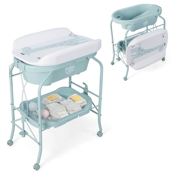 BABY JOY Baby Bathtub with Changing Table, Foldable Infant Diaper