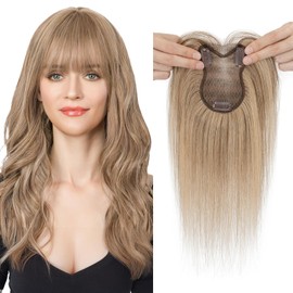 Elailite Real Human Hair Topper With Fringe Hand Tied Silk Base(8x11cm) Hair Toppers For Thinning Hair Women UK - #4/27 Medium Brown Mix Dark Blonde - 11 Inch