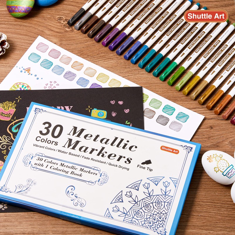 Shuttle Art Metallic Marker Pens 30-Color Set with Adult Coloring