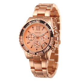 TIME100 Quartz Watch for Men and Women Skeleton Calendar Display Alloy Plated Band (Rose Gold)
