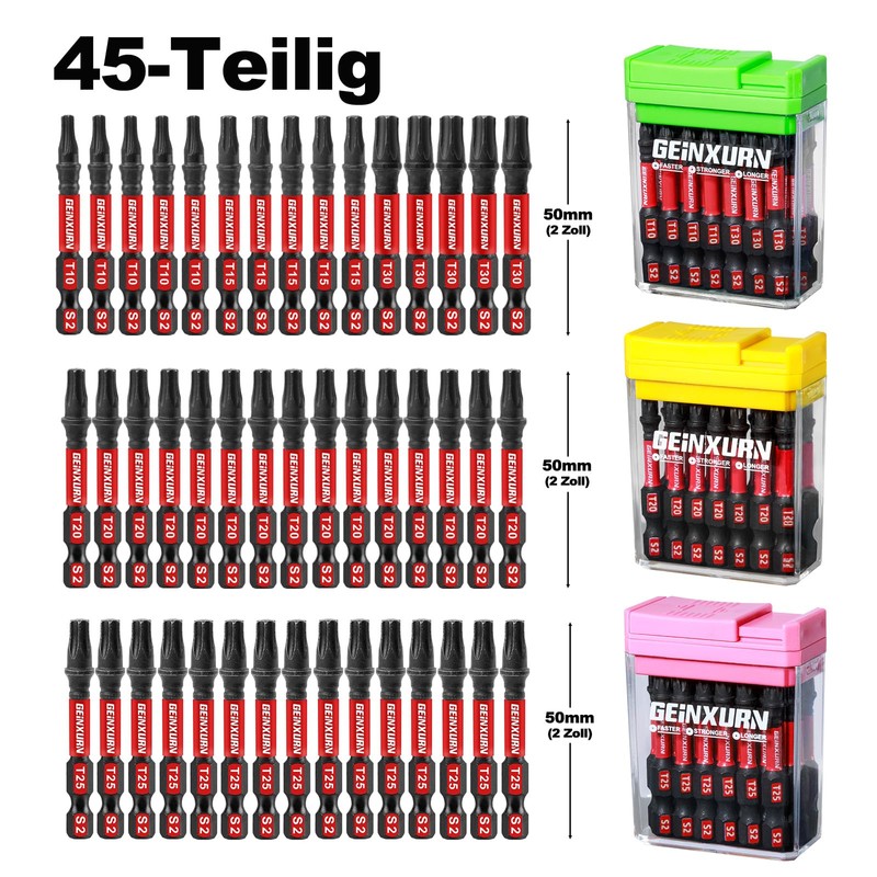 Geinxurn Torx Impact-Resistant Screwdriver Bits Set, 45 Pieces, 50 mm