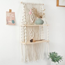 Cyxunand Macrame Wall Hanging Shelf Tassel Woven Macramé Shelves,Boho Wall Hanging Shelves for Small Plants Photo Frames,Home Living Room Bedroom Balcony Decor (2T)