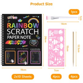 OFFCUP Magic Scratch Book, Pack of 2 Scratch Pictures Children, 4 Wooden Pens, 4 Painting Stencils, 1 Brush, Scratch Book, Rainbow Magic Scratch Drawing Paper, Scratch Art Notebook (19.5 x 26.5 cm)