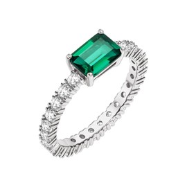 18K White Gold Plated Silver Ring With 1.75 Carat Total Weight Lab Grown Emerald (Green Color, Emerald Shape, VS Clarity) Ring For Women, Gift For Her Jewelry For Women Comes With Gift Box - Size 6