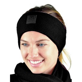 C.C Unisex Winter Thick Ribbed Knit Stretchy Plain Ear Warmer Headband, Black