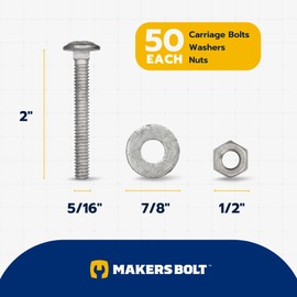 5/16" x 2" (50 Pack) Galvanized Carriage Bolt Kit Grade 307A Includes 5/16" USS Flat Washers (50 pcs) and 5/16"-18 Hex Nuts (50 pcs), Hot Dip Galvanized for Exterior Use by Makers Bolt