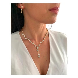 ONDEGO® Gold Strass Schmuckset, Y-Kette mit Ohrringen und Armband, 43 cm Halskette, Brautschmuck für Hochzeit und Festliche Anlässe