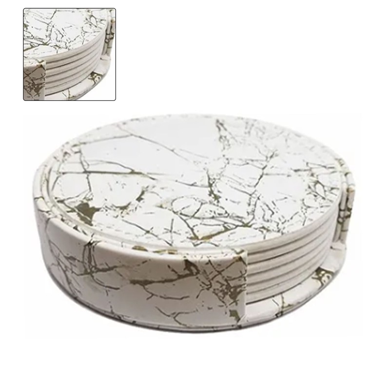 7PCS Drink Coaster Reversible Leather Round Platinum Marble Appearance 10cm