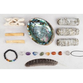 Wish Well Sage Smudge Kit - 3 White Sage Sticks, 2 Palo Santo Sticks, Abalone Shell, Stand, Smudging Feather, 7 Chakra Stones & Crystal Bracelet ~ Sage Incense Sticks for Cleansing House & Meditation