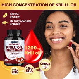 Krill Oil 1200mg, Antarctic Krill Oil Omega 3 Supplement with EPA, DHA，Astaxanthin & Phospholipids for Heart & Brain & Joint Health, No Fishy Aftertaste,120 Softgels (60 Servings)