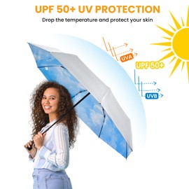 Prospo UPF 50+ UV Protection Umbrella for Sun & Rain, Large Compact Travel Umbrella Windproof, 46 Inch Auto Open Close Sun Blocking for Women Men(Silver/Sky)