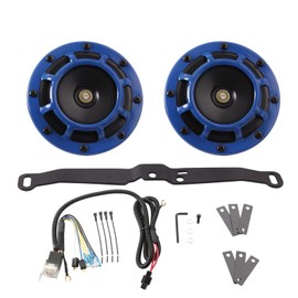FARBIN Waterproof Car Horn Loud Super tone High Tone/Low Tone Metal Twin Horns Kit with Protective Grill (blue horn with harness and bracket)