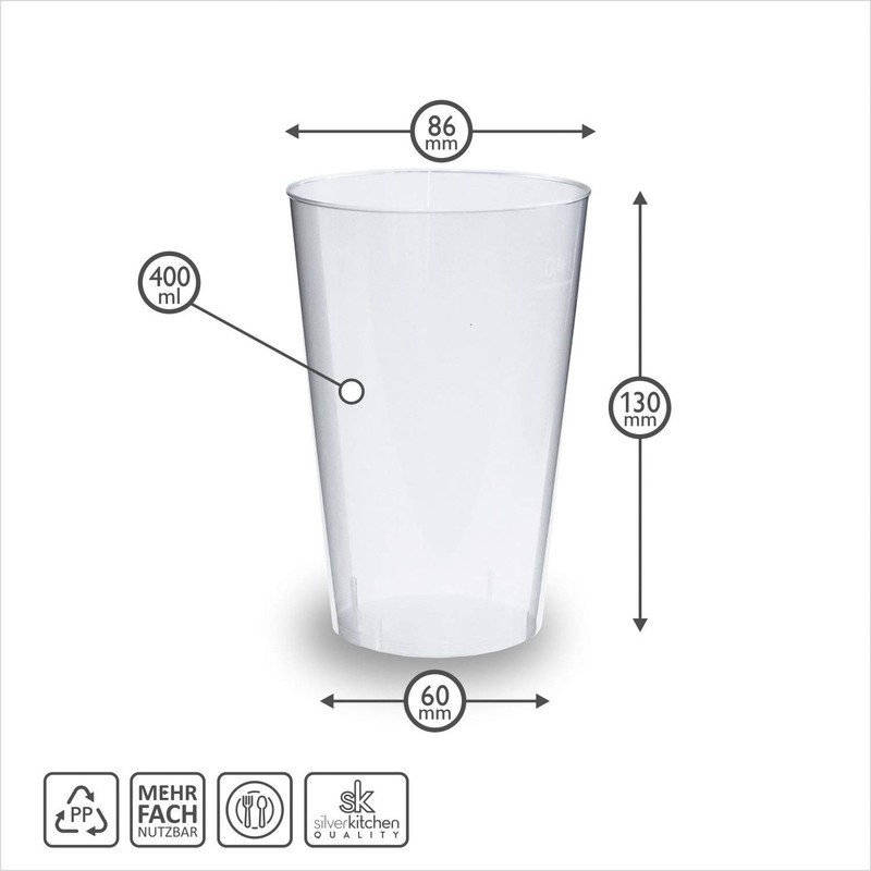 Silverkitchen Transparent Polypropylene Drinking Cups, Various Sizes, Plastic Cocktail Glasses,