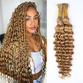 Human Braiding Hair for Boho Braiding Honey Blonde Deep Wave Bulk Human Hair for Braiding 55 cm 22 Inches #27 Curly Human Hair for Braiding without Weave Bundles