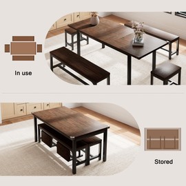 Einhomn 5 Pieces Dining Room Table Set for 4-6, 63' Extendable Kitchen Table Set with 2 Benches & 2 Stools, Small Dining Table Set with Metal Frame & MDF Board