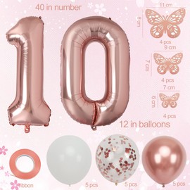 10th Birthday Decorations for Girl with Butterfly Decor and Rose Gold Balloons, Rose Gold 10th Birthday Girl Party Decorations with 40 in Number Balloons