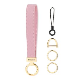 WEESMILE Leather Wristlet Keychain, Car Wrist Key Chain Bracelet with 2 Key Rings & D Ring, Cute Wrist Lanyard Key Fob For Women Men (Pink)