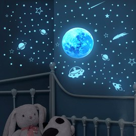 Dcsfadq Luminous Stars Wall Stickers for Children's Room, Luminous Moon Stickers with Planets and Stars, Wall Sticker with Space Motif, Living Room Decoration, Blue