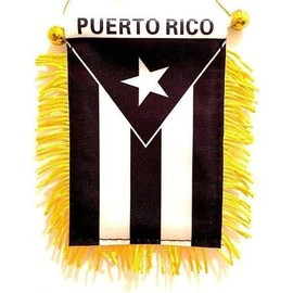 Set Of 2 Puerto Rico Black & Red Window Hanging Flag - Rear view Mirror & Double Sided - Fringed Puerto Rican Mini Banner with Suction Cup