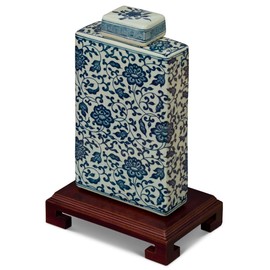 China Furniture Online Blue and White Porcelain Chinese Tea Rectangular Jar with Flowers Motif, Lid Included