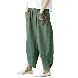 Hwayslon Women's Baggy Linen Wide Leg Trousers Casual Patchwork Elastic Waist Harem Pants Harlan Pants M -XXL (Army Green, XXL)