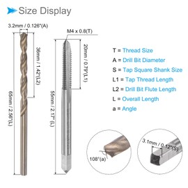 CoCud Tap and Drill Bit Set M4 x 0.8 Tap Thread 3.2mm Drill Diameter Metallic Machine Thread Tap Twist Drill Bit Tool Kit for Thread Tapping Repair 1 Set