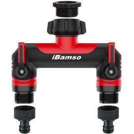 iBamso 2-Wege Verteiler, 3/4 Zoll Wasserverteiler, Schlauchverbinder zum Anschluss 2 Geräten Gartenschlauch Adapter mit Absperrventil Verlängerter MetallGriff, für Garten Bewässerung Wasserhahn-Red