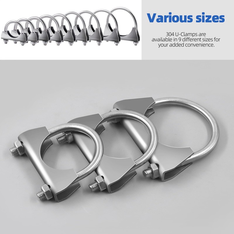 Glarks 2Pcs 304 Stainless Steel Exhaust U-Clamps 50MM (2in) Muffler