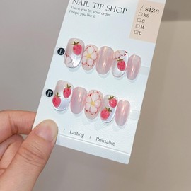 TENPAL Press on Nails 10Pcs with Tools Kit,3D Strawberry Spring Summer Pink Aurora Fake Nails,Cute Floral Almond Short Nails,Full Cover False Nails Simple Blush Glue on Nails Sweet Summer Nails(L)