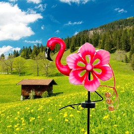 SUBOLO Solar Wind Spinner with Metal Sculpture Garden Stake Flamingo Decor Multi-Color LED Lights for Outdoor Yard Lawn & Garden Decoration