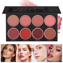 8 Colors Blush Palette, 4 Powder + 4 Cream Blush Palette, Contour and Highlight Blush Palette, Natural Nude Makeup Brighten Skin Tone Portable Makeup Blush, Professional Facial Makeup Blush
