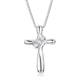 Kakonia 925 Sterling Silver Cross Pendant Necklace for Women 3-Stone Cubic Zirconia Pendant with 1MM Box Chain, 17.7''